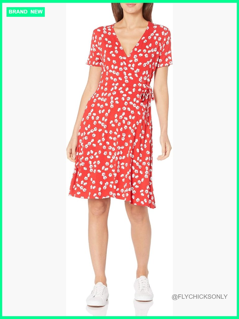 Short Sleeve Faux-Wrap V Neck Dress, Rayon Stretch Jersey